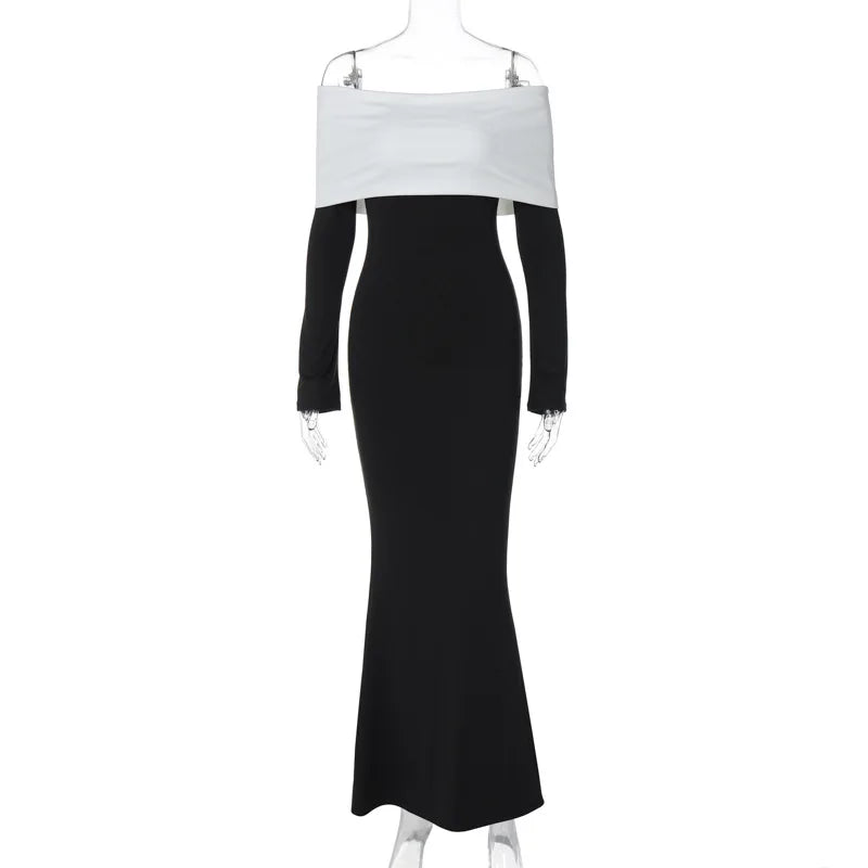 Black & White Off-the-Shoulder Maxi Dress with Long Sleeves Mssaz Desses
