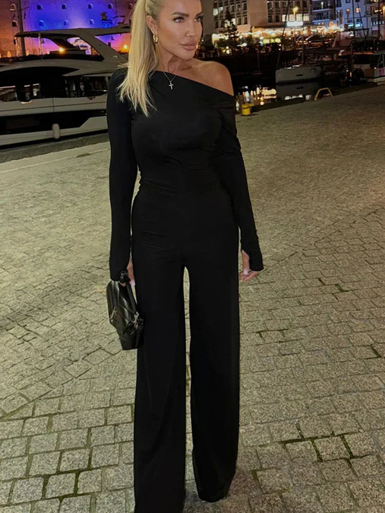One Shoulder Flare Sleeve Top Long Pant Suit Mssaz Desses