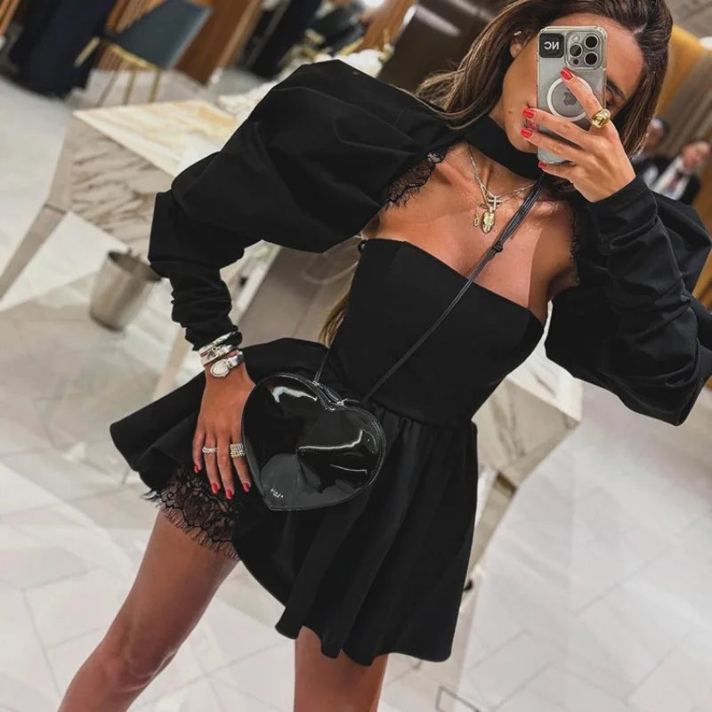 Puff Long-sleeved Black Mini Dress Mssaz Desses