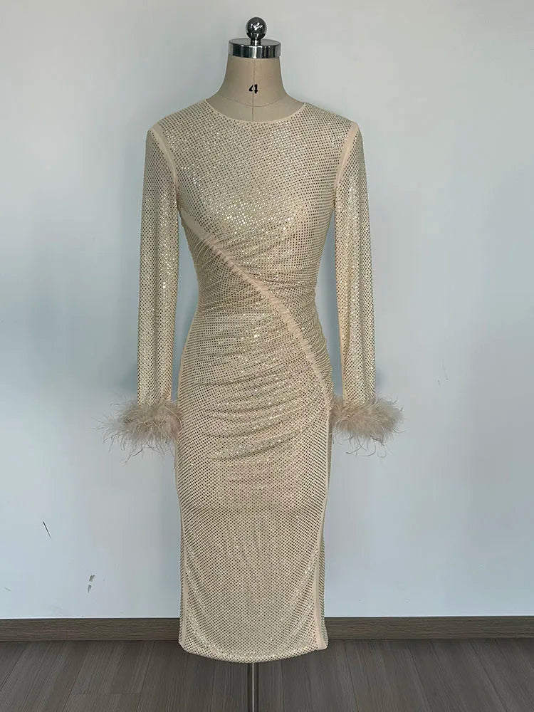Feathers Rhinestone Folds Midi Dress Mssaz Desses