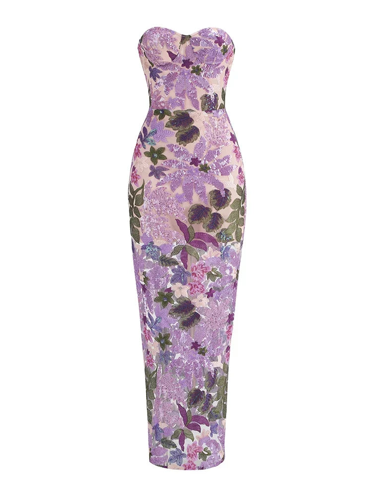 Floral-Embellished Sequin Lavender Ankle Length Dress Mssaz Desses