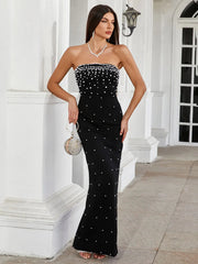 Pearl Design Bandage Strapless Long Dress Mssaz Desses
