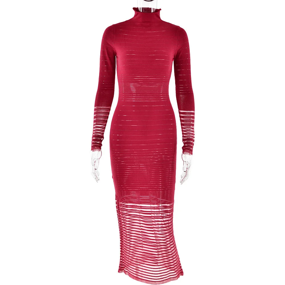 Striped Knitted Half High Collar Dress Mssaz Desses