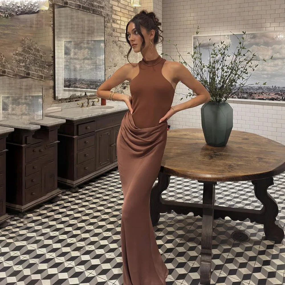 Satin Sleeveless High Neck Dress Mssaz Desses
