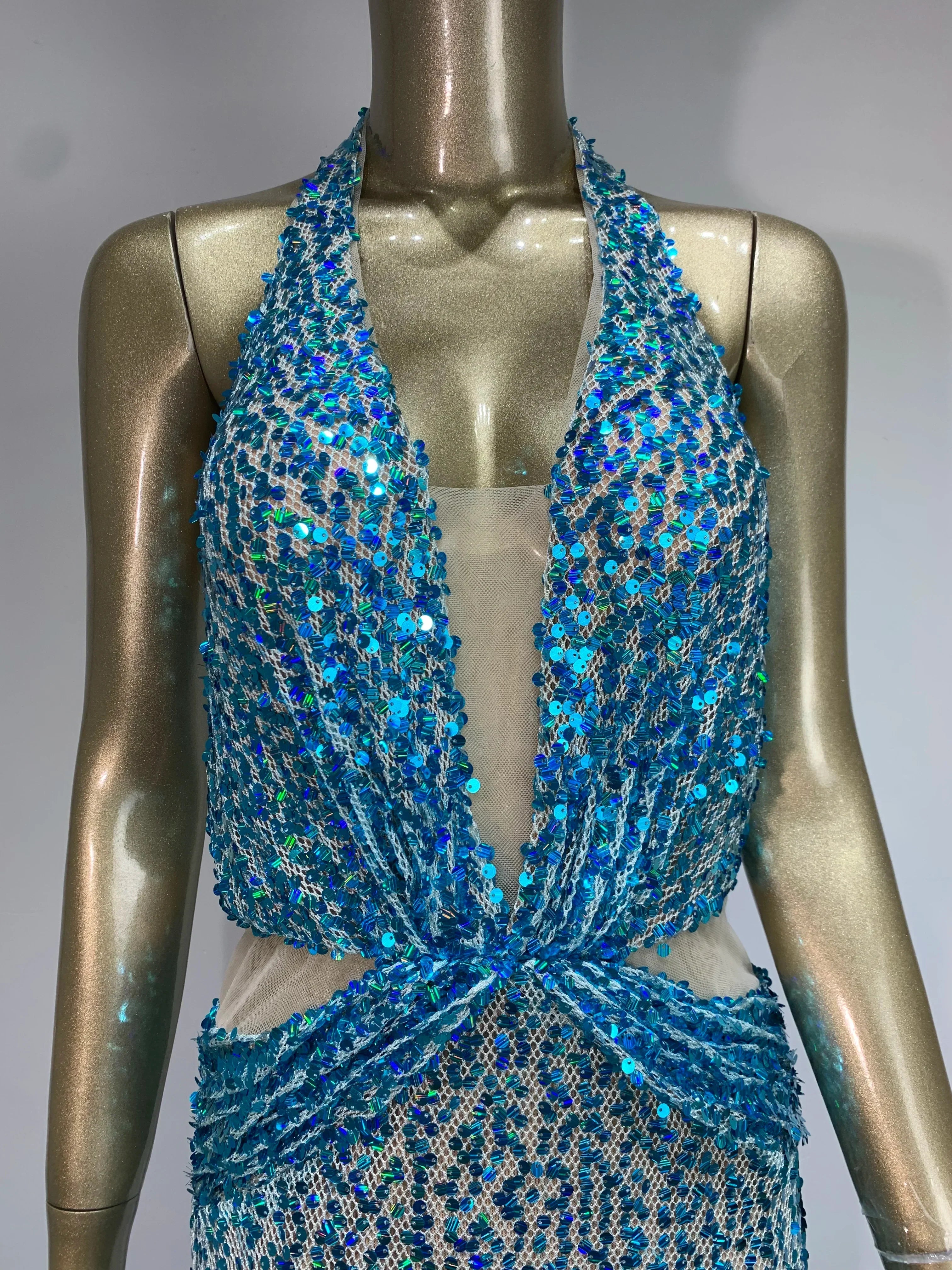Halter Blue Sequins Sparkly Glitter Maxi Dress Mssaz Desses