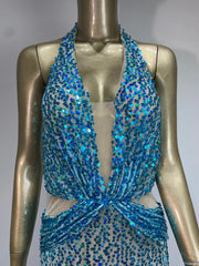Halter Blue Sequins Sparkly Glitter Maxi Dress Mssaz Desses