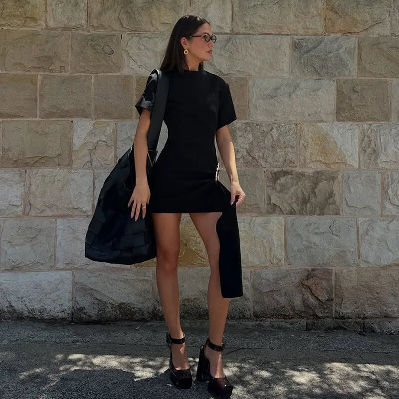 Short Sleeve Draped Black Metal Buckle Mini Dress Mssaz Desses
