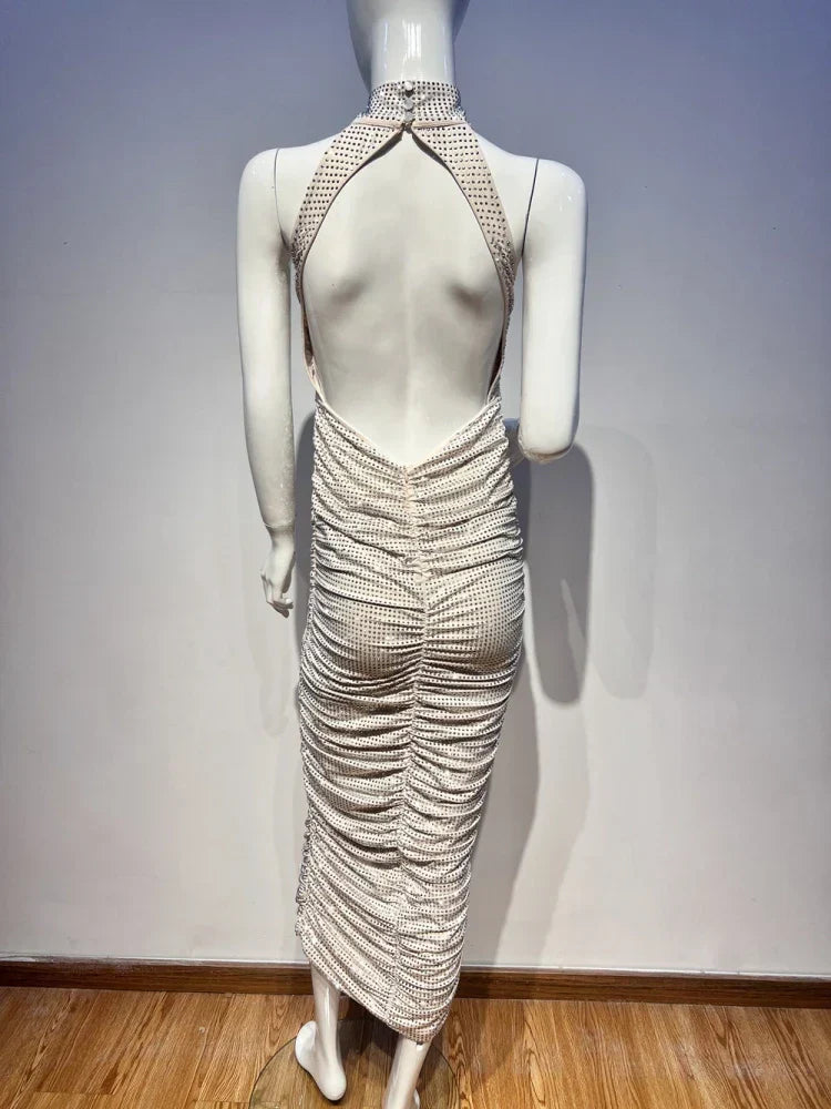 Halter Neck Backless Crystal Folds Long Dress Mssaz Desses