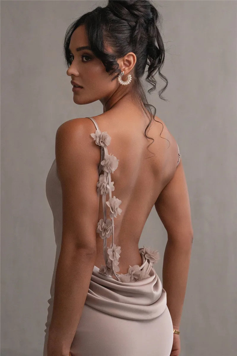 Floral Draped Open Back Spaghetti Strap Maxi Dress Mssaz Desses