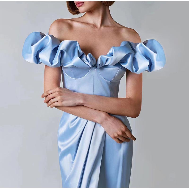 One-Shoulder Puff Sleeve Wrap Chest Slit Long Dress Mssaz Desses