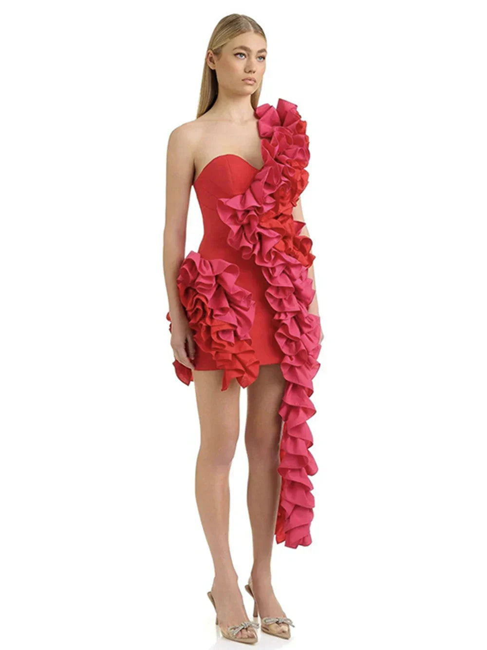 Solid Ruffles One Shoulder Strips Prom Mini Dress Mssaz Desses