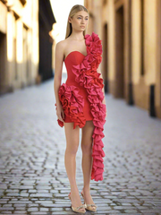 Solid Ruffles One Shoulder Strips Prom Mini Dress Mssaz Desses
