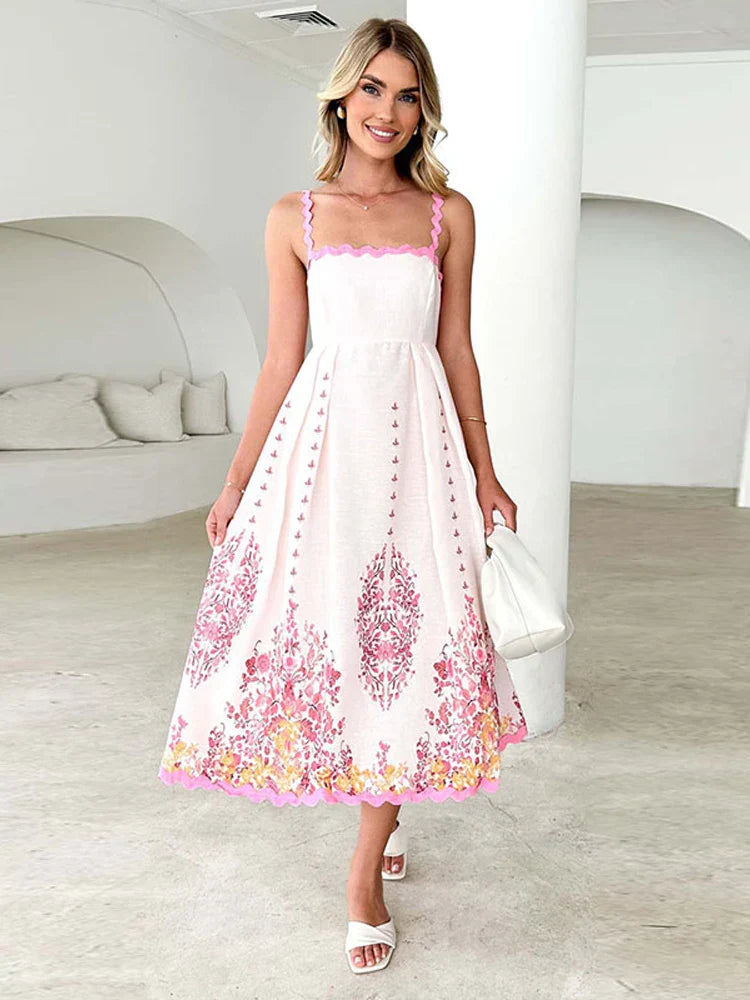 Square Collar Print Flower Sling Long Dress Mssaz Desses
