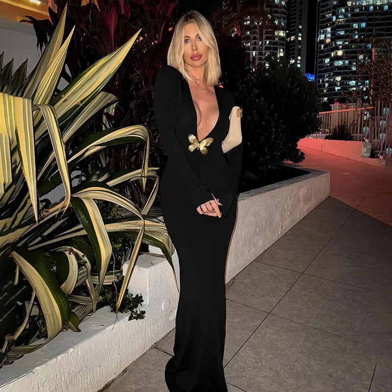 Black Fishtail Dress Dramatic Style with Butterfly Mssaz Desses