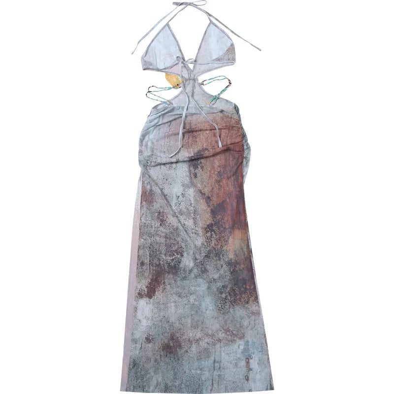Backless Split Abstract Printed Mesh Sheer Dress Mssaz Desses