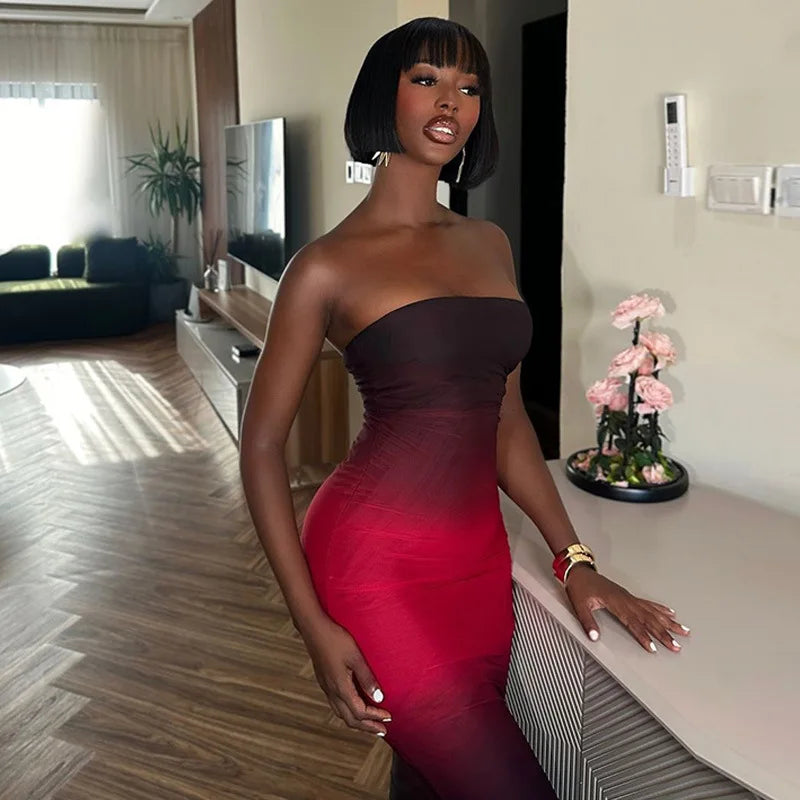 Strapless Black-Red Gradient Long Dress Mssaz Desses