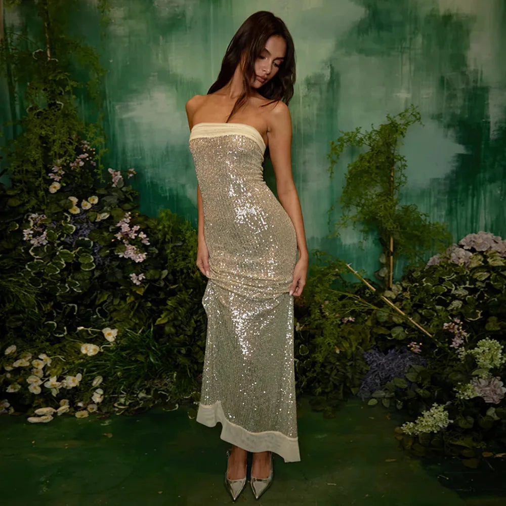 Strapless Sequin Slit Backless Dress Mssaz Desses