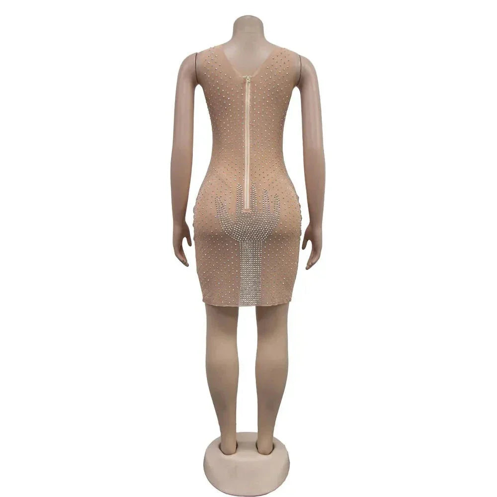 Mesh Rhinestone Round Neck Sleeveless Mini Dress Mssaz Desses