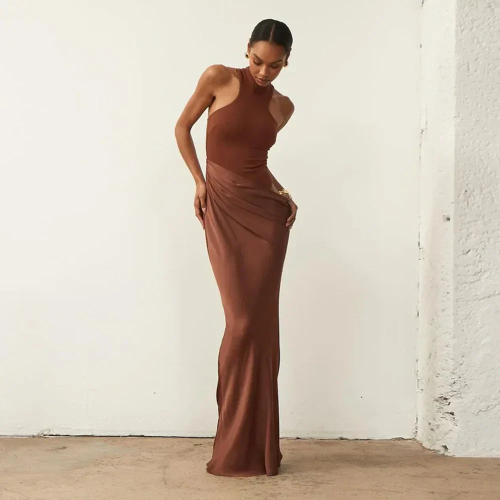 Satin Sleeveless High Neck Dress Mssaz Desses
