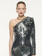 One Shoulder 3D Flower Sequin Dress Mssaz Desses