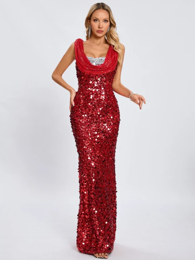 Swinging Neck Sequins Red Long Dress Mssaz Desses
