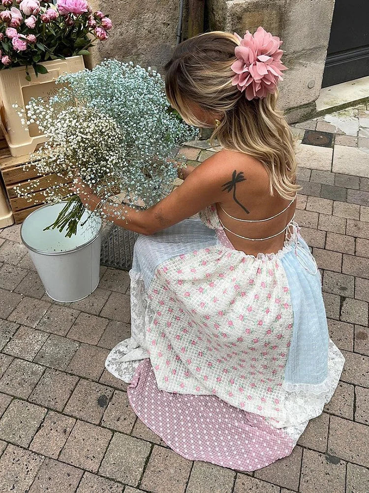 Lace Patchwork Halter Maxi Dress Mssaz Desses