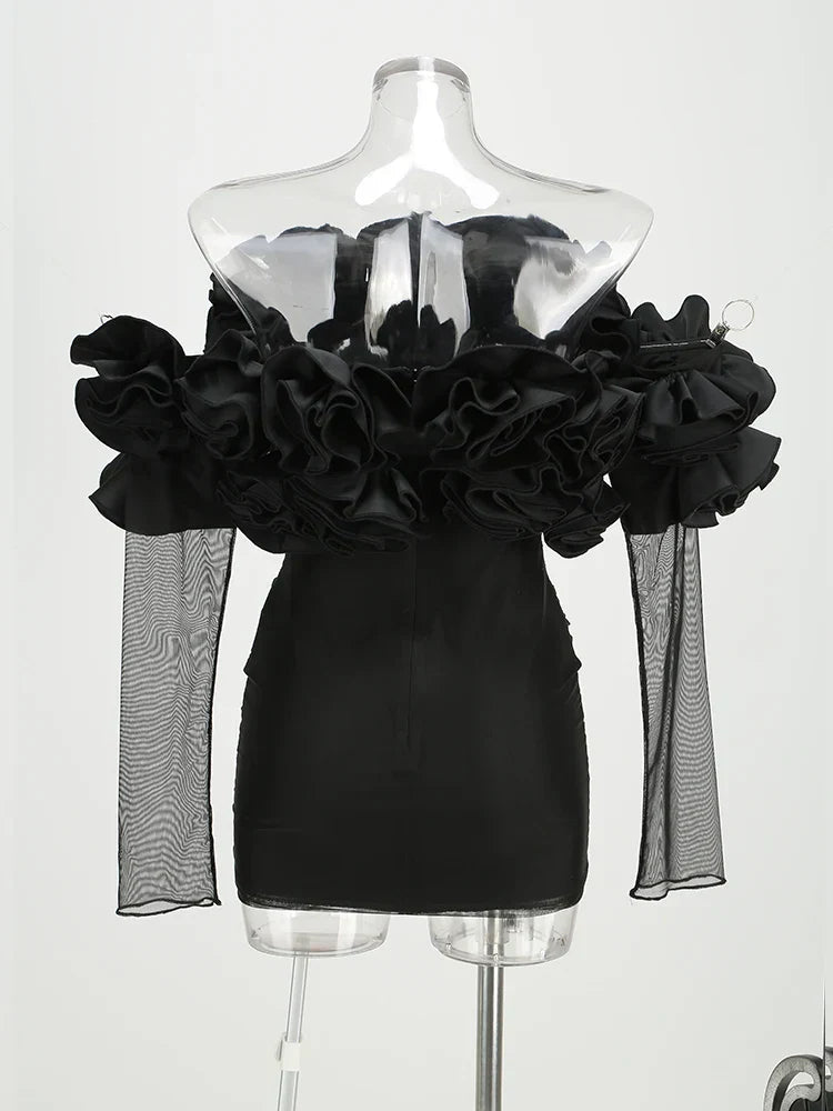 Black Mesh Full Sleeve Ruffles Mini Dress Mssaz Desses