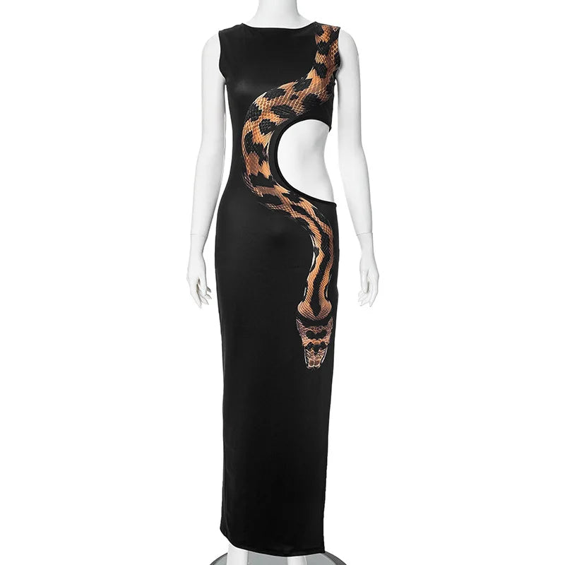 High Slit Hollow Out Snake Print Maxi Dress Mssaz Desses