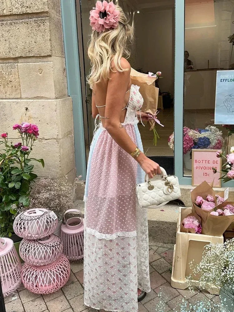 Lace Patchwork Halter Maxi Dress Mssaz Desses