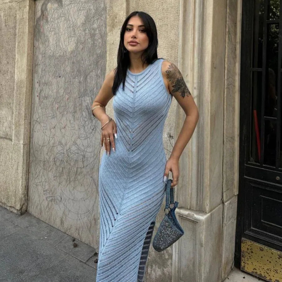 Sleeveless Patchwork Knit Maxi Dresses Mssaz Desses