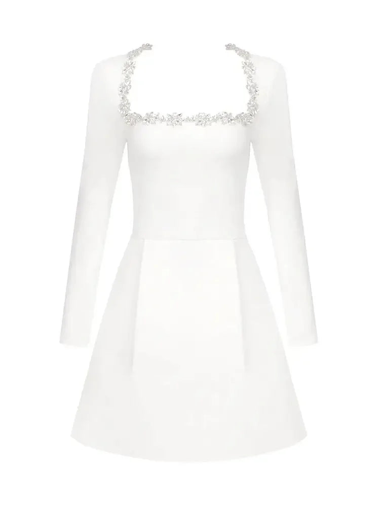 White Square Neck Diamond Mini Dress Mssaz Desses