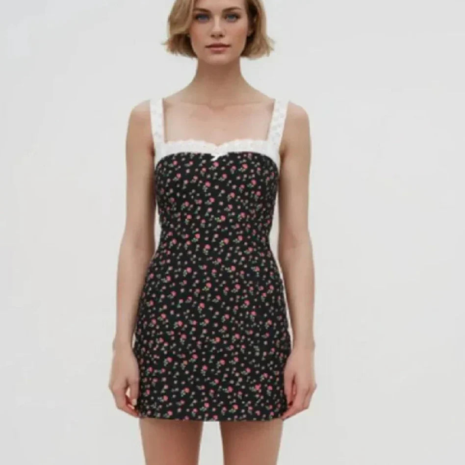 Flower Print Embroidery Lace Slash Collar Mini Dress Mssaz Desses