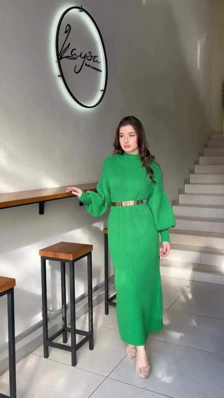 Turtleneck Pullover Solid Sweater Dress With Belt Mssaz Desses