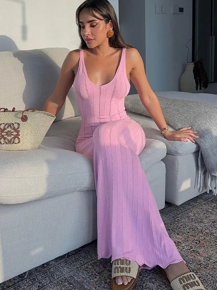 Knit Ribbed Open Back Solid Long Dress Mssaz Desses