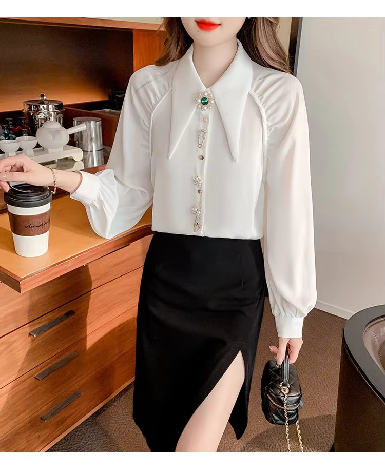 Beading Diamonds Korean Single-breasted  Elegant Lapel Shirt Mssza