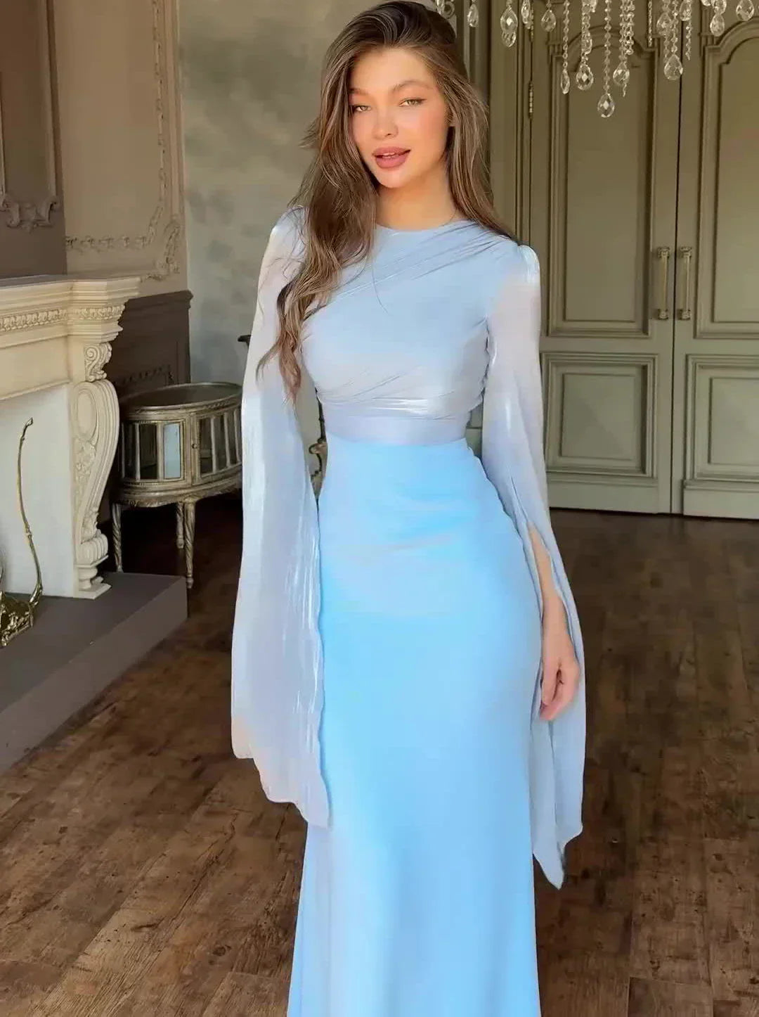 Patchwork Draped Long Sleeve Maxi Dress Mssaz Desses