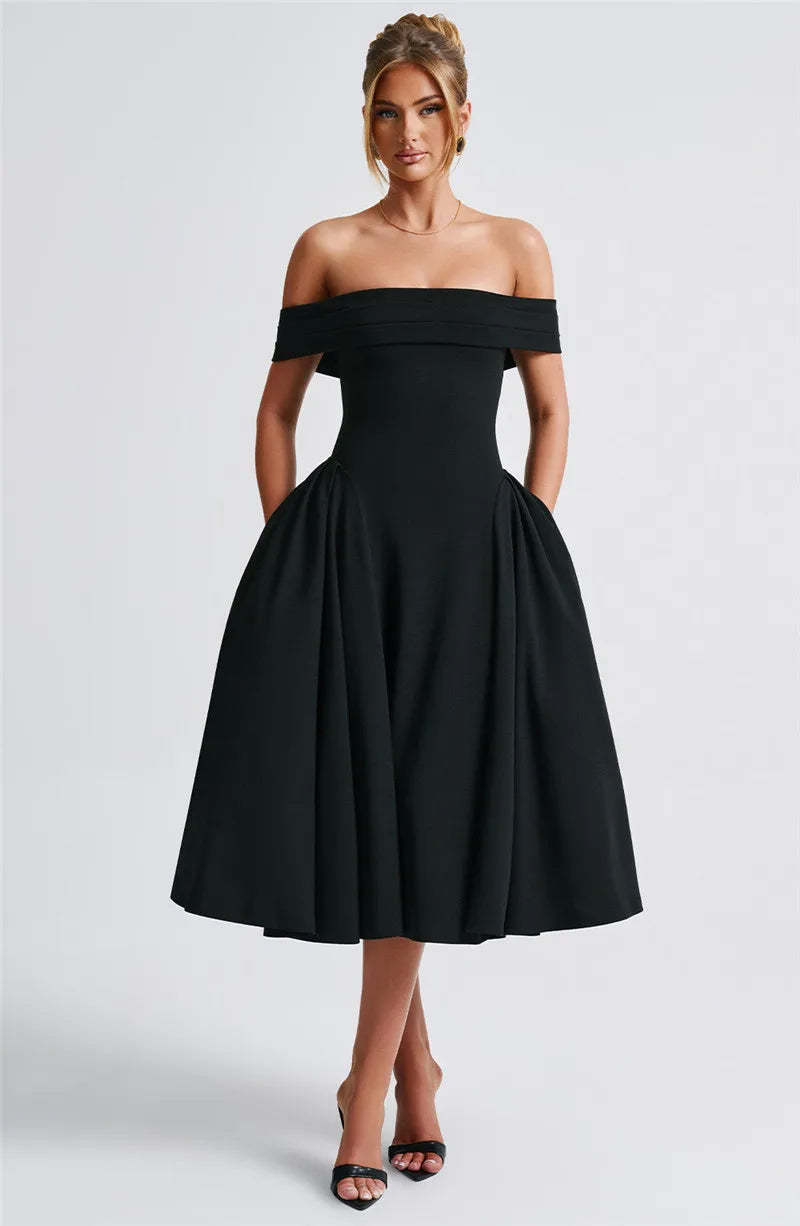 Off-Shoulder Flare Midi Dress Mssaz Desses