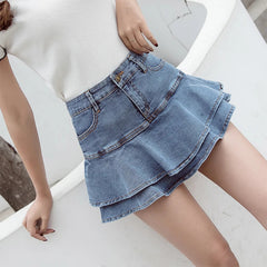 Casual Solid Ruffles High Waist Lined Denim Mini Skirts Mssza