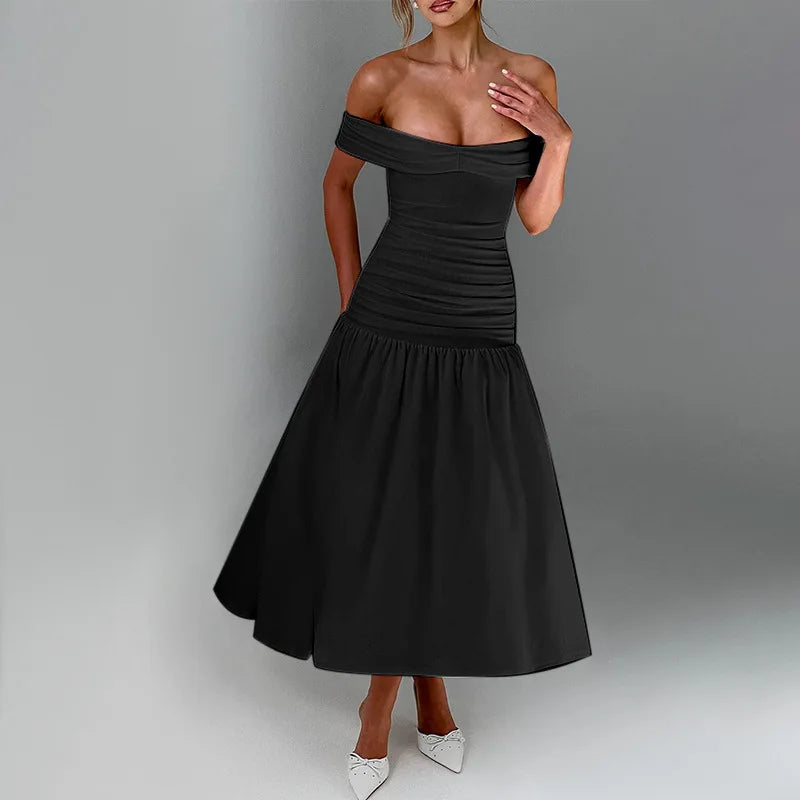 Slash Neck Off Shoulder Solid Dress Mssaz Desses