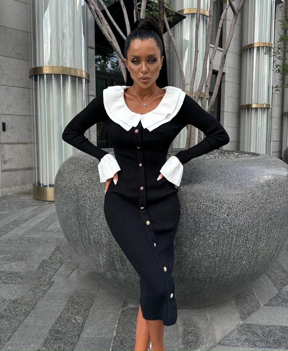 Patchwork Contrast Ribbed Midi Dress Mssaz Desses