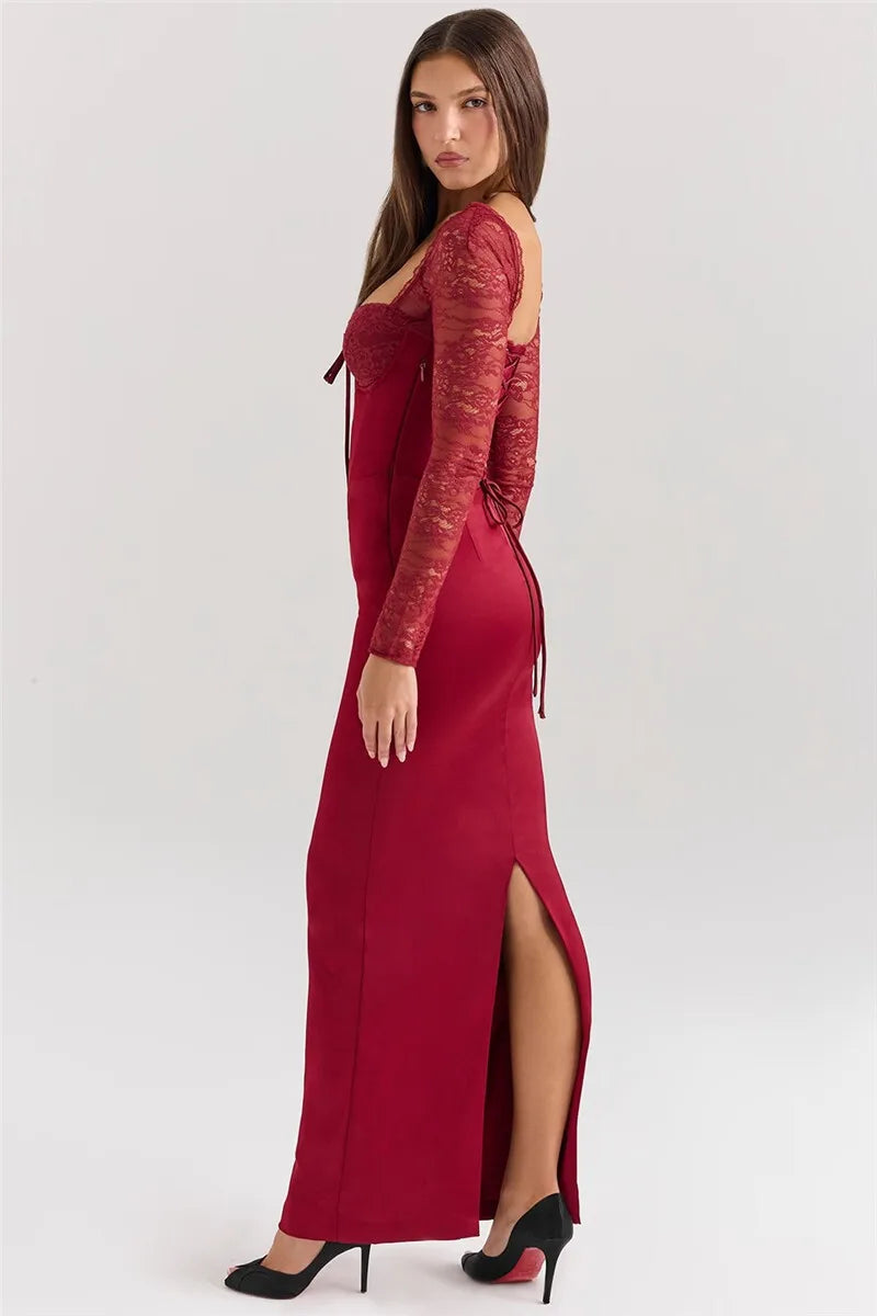 Square Collar Lace-Up Backless Long Sleeve Maxi Dress Mssaz Desses