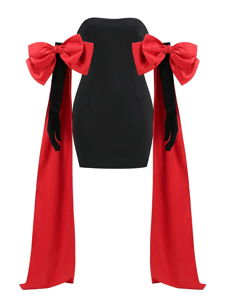 Black Tube Mini Dress With Large Red Bow Detachable Sleeves Mssaz Desses