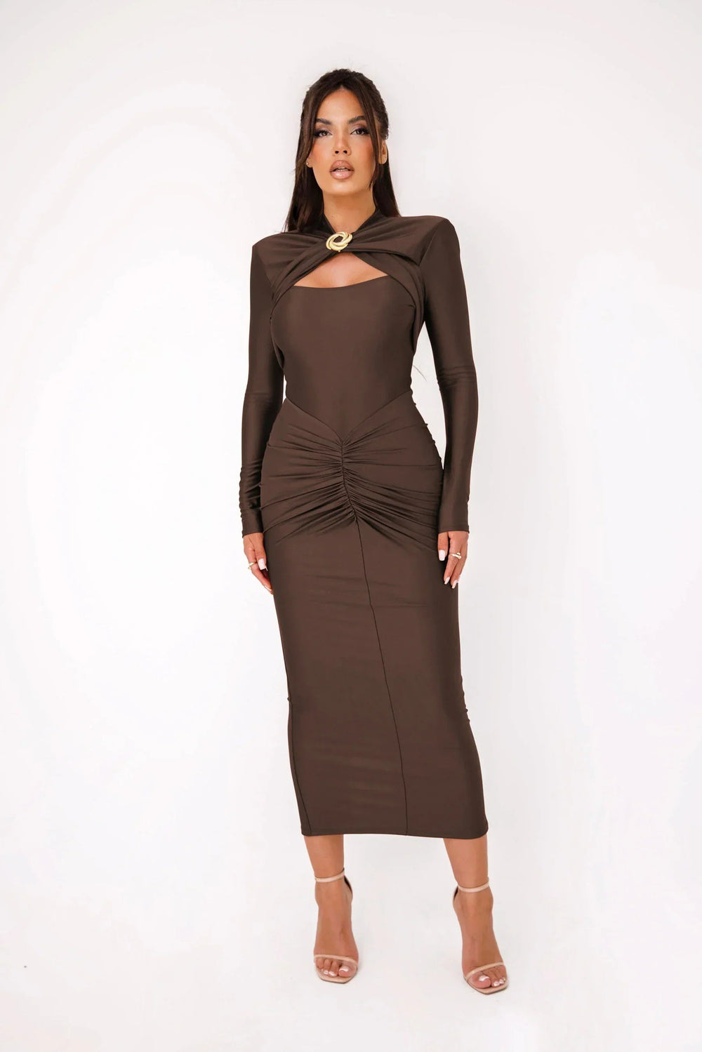 Long Sleeved Pleated Hollowed Out Maxi Dress Mssaz Desses