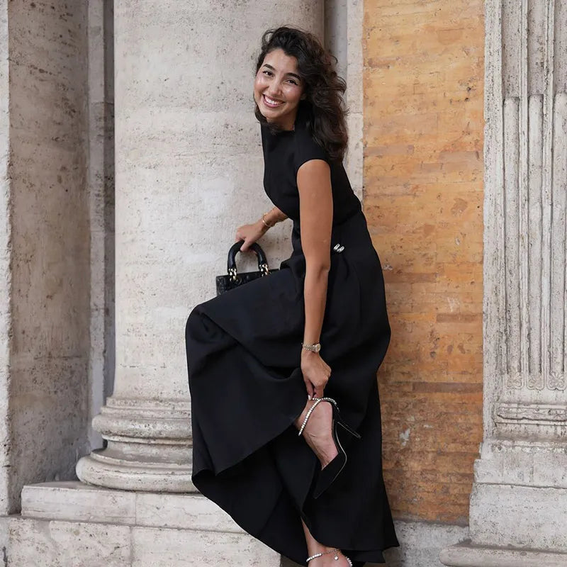 Slanted Collar Solid Pleated Long Dress Mssaz Desses