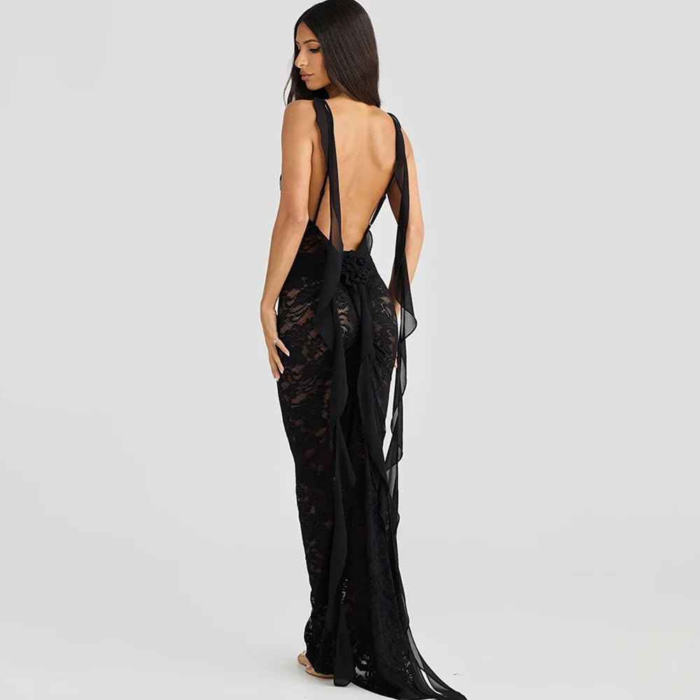 Lace Patchwork Backless Trailing Long Dress Mssaz Desses