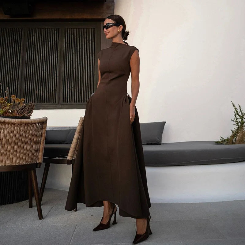 Slanted Collar Solid Pleated Long Dress Mssaz Desses