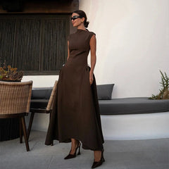 Slanted Collar Solid Pleated Long Dress Mssaz Desses