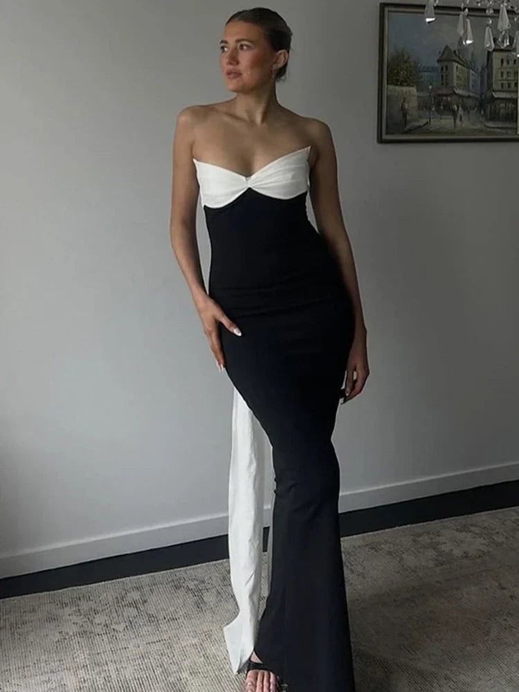 Bows Contrast Color Ribbon Long Dress Mssaz Desses