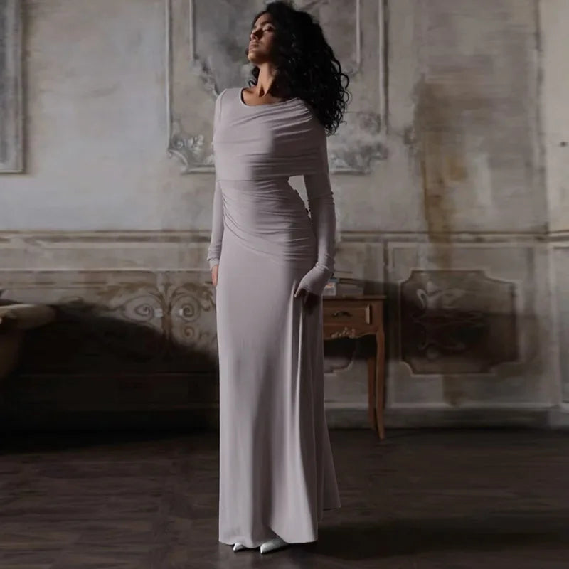 Solid Long Sleeve Irregular Splice Long Dress Mssaz Desses