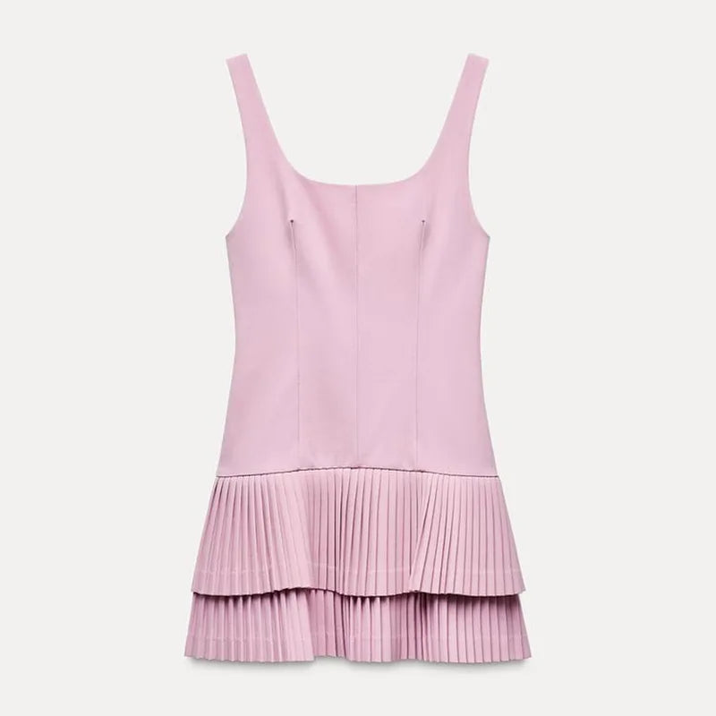 Square Collar Sleeveless Pleated Short Dress Mssaz Desses